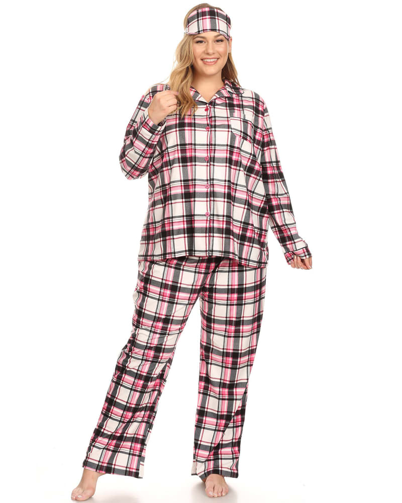 Front of a model wearing a size 4X 3 Piece Pajama Set in Pink Plaid by White Mark. | dia_product_style_image_id:247708